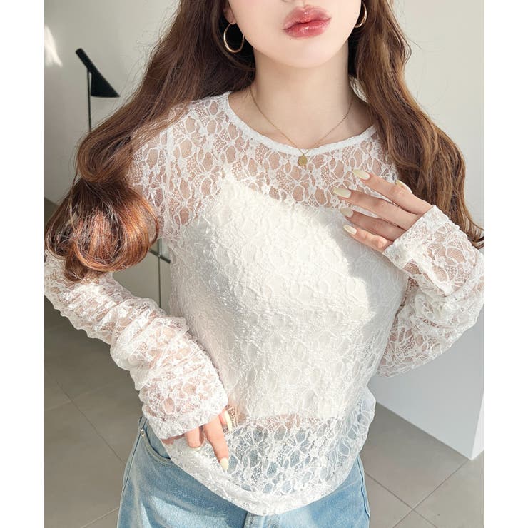 クルーネック袖ギャザー長袖ストレッチレーストップス | moment+ | 詳細画像2 