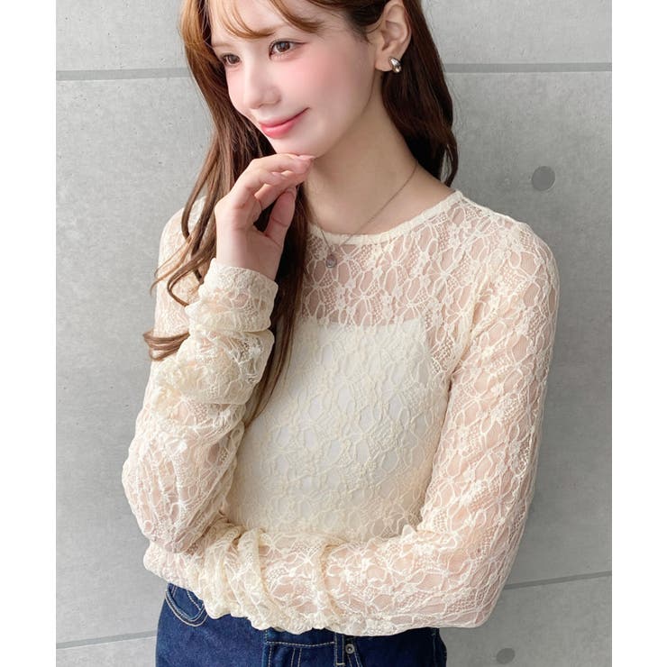 クルーネック袖ギャザー長袖ストレッチレーストップス | moment+ | 詳細画像19 