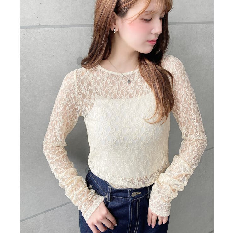 クルーネック袖ギャザー長袖ストレッチレーストップス | moment+ | 詳細画像20 