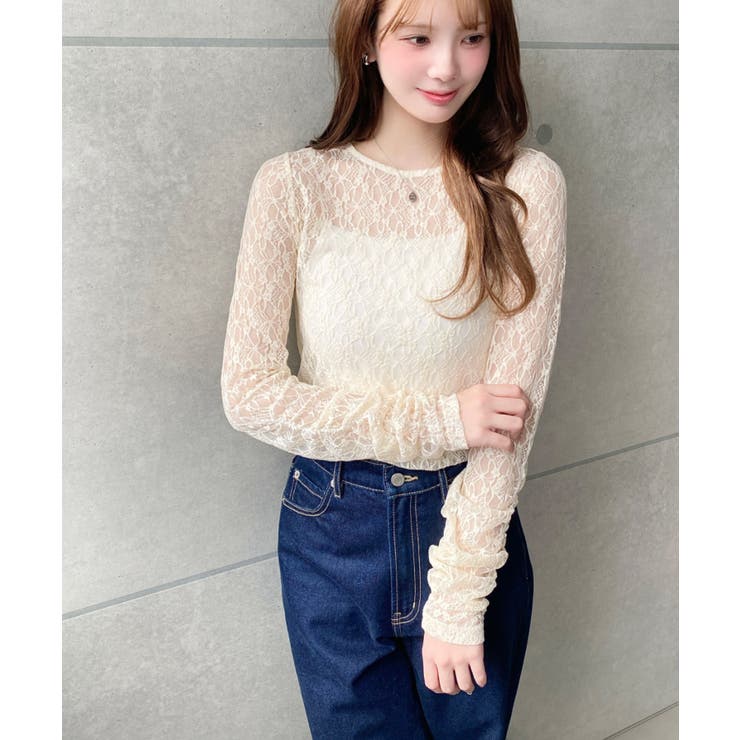 クルーネック袖ギャザー長袖ストレッチレーストップス | moment+ | 詳細画像22 