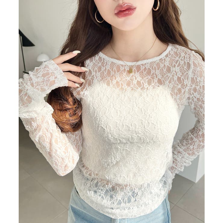 クルーネック袖ギャザー長袖ストレッチレーストップス | moment+ | 詳細画像3 