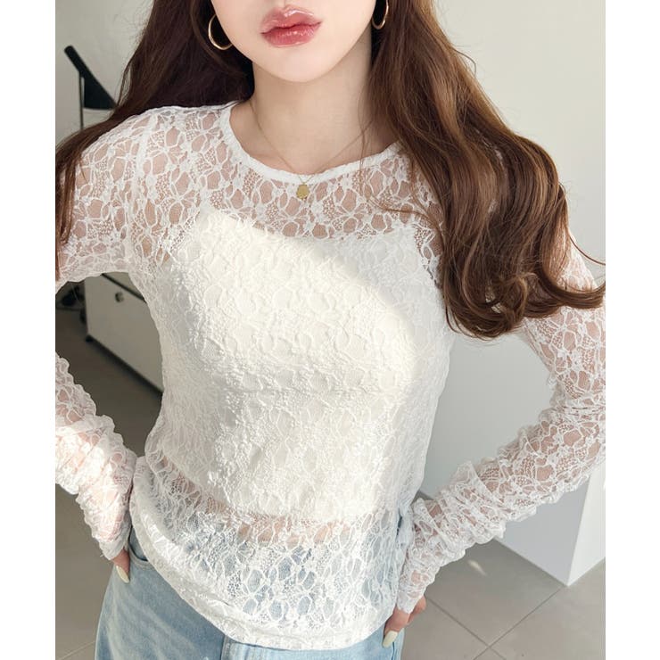 クルーネック袖ギャザー長袖ストレッチレーストップス | moment+ | 詳細画像6 