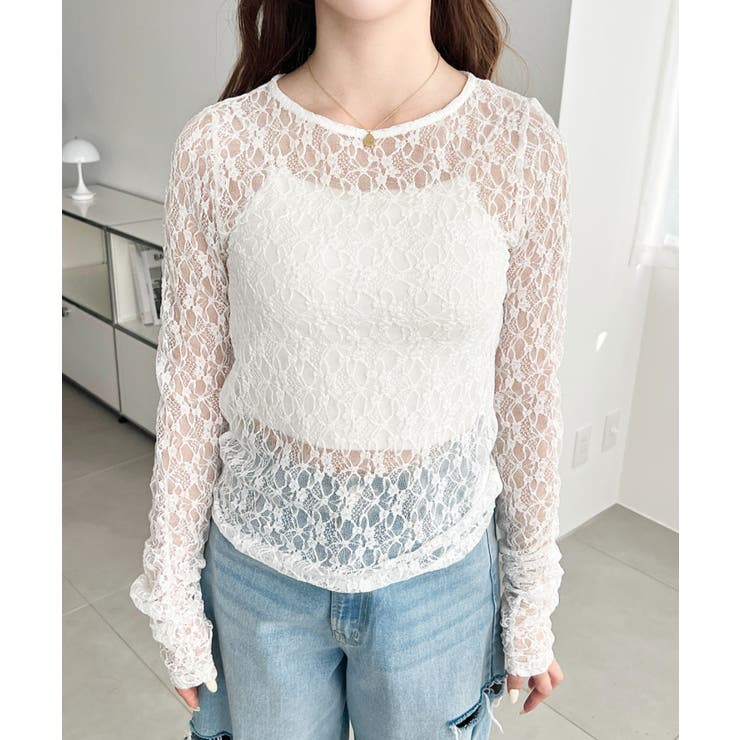 クルーネック袖ギャザー長袖ストレッチレーストップス | moment+ | 詳細画像8 