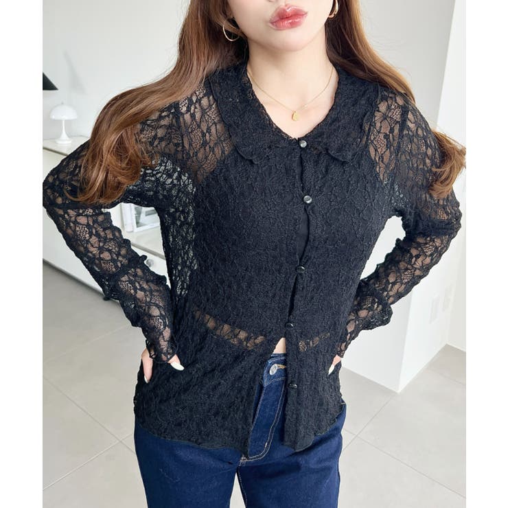 ブラック | ストレッチレース長袖シャツカーディガン | moment+