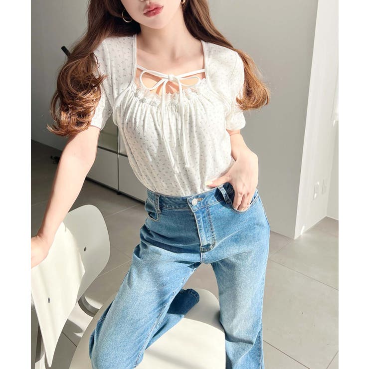 レイヤードデザインデコルテリボンリブカットソー半袖トップス | moment+ | 詳細画像11 