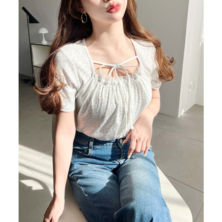 レイヤードデザインデコルテリボンリブカットソー半袖トップス | moment+ | 詳細画像12 