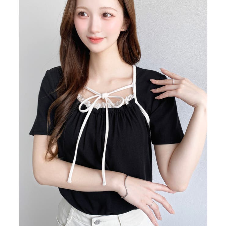 レイヤードデザインデコルテリボンリブカットソー半袖トップス | moment+ | 詳細画像17 