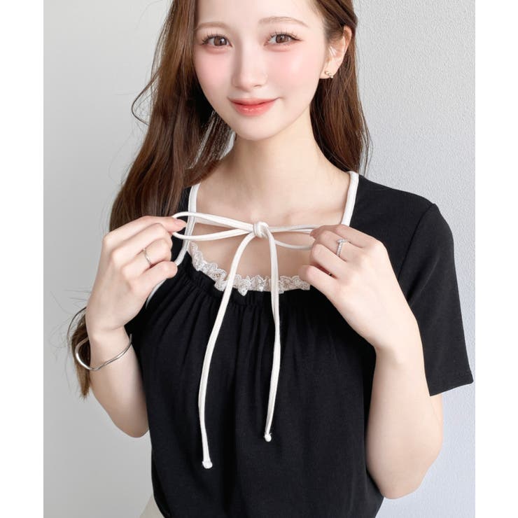 レイヤードデザインデコルテリボンリブカットソー半袖トップス | moment+ | 詳細画像18 