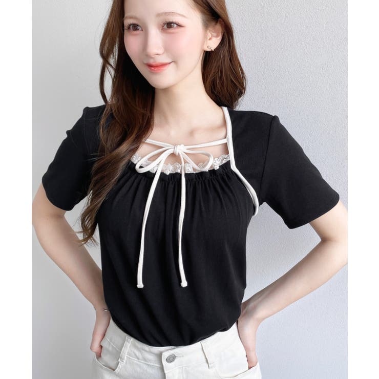 レイヤードデザインデコルテリボンリブカットソー半袖トップス | moment+ | 詳細画像19 