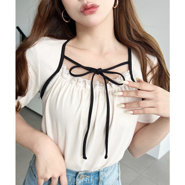 レイヤードデザインデコルテリボンリブカットソー半袖トップス | moment+ | 詳細画像2 