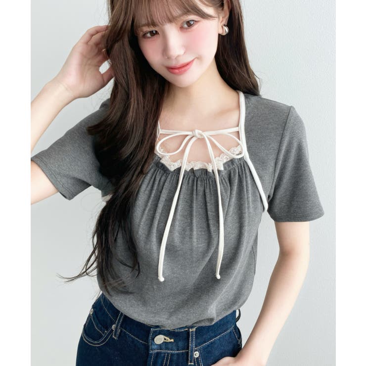 レイヤードデザインデコルテリボンリブカットソー半袖トップス | moment+ | 詳細画像26 