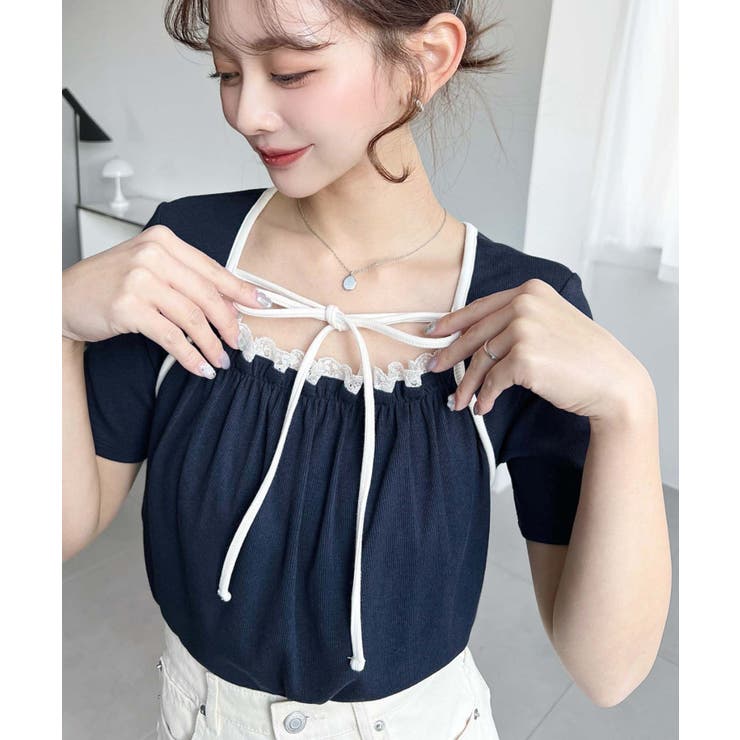 レイヤードデザインデコルテリボンリブカットソー半袖トップス | moment+ | 詳細画像31 