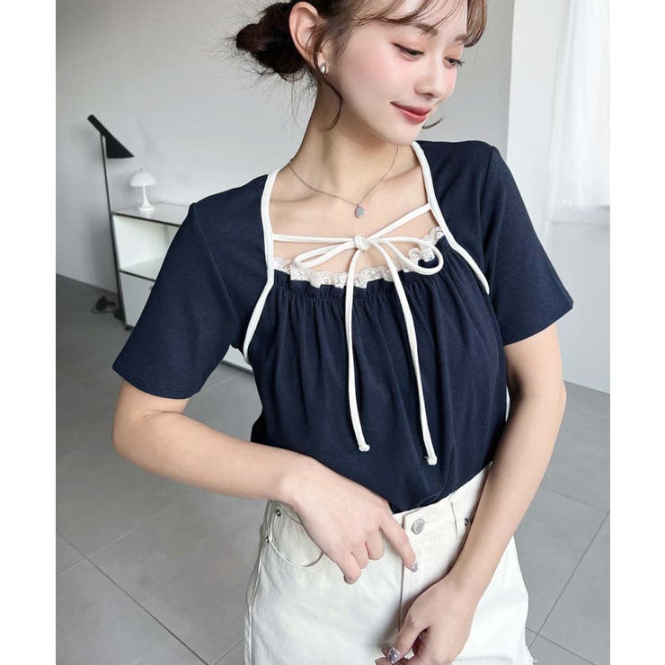 レイヤードデザインデコルテリボンリブカットソー半袖トップス | moment+ | 詳細画像32 