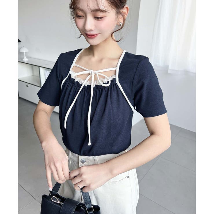 レイヤードデザインデコルテリボンリブカットソー半袖トップス | moment+ | 詳細画像34 