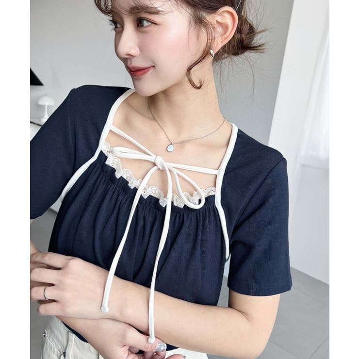 レイヤードデザインデコルテリボンリブカットソー半袖トップス | moment+ | 詳細画像35 