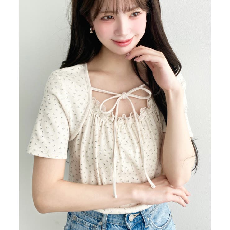 レイヤードデザインデコルテリボンリブカットソー半袖トップス | moment+ | 詳細画像36 