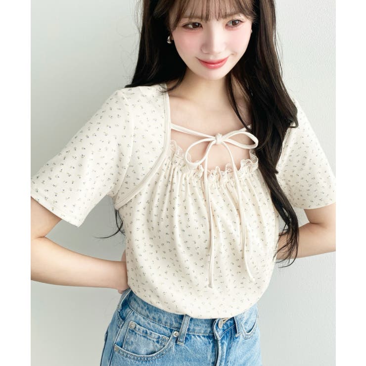 レイヤードデザインデコルテリボンリブカットソー半袖トップス | moment+ | 詳細画像39 