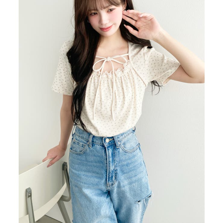 レイヤードデザインデコルテリボンリブカットソー半袖トップス | moment+ | 詳細画像40 