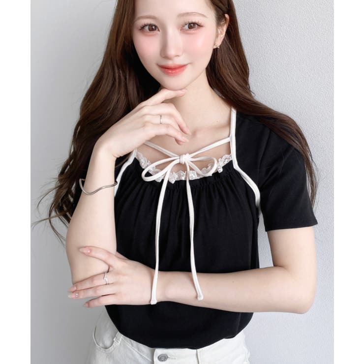 ブラック | レイヤードデザインデコルテリボンリブカットソー半袖トップス | moment+