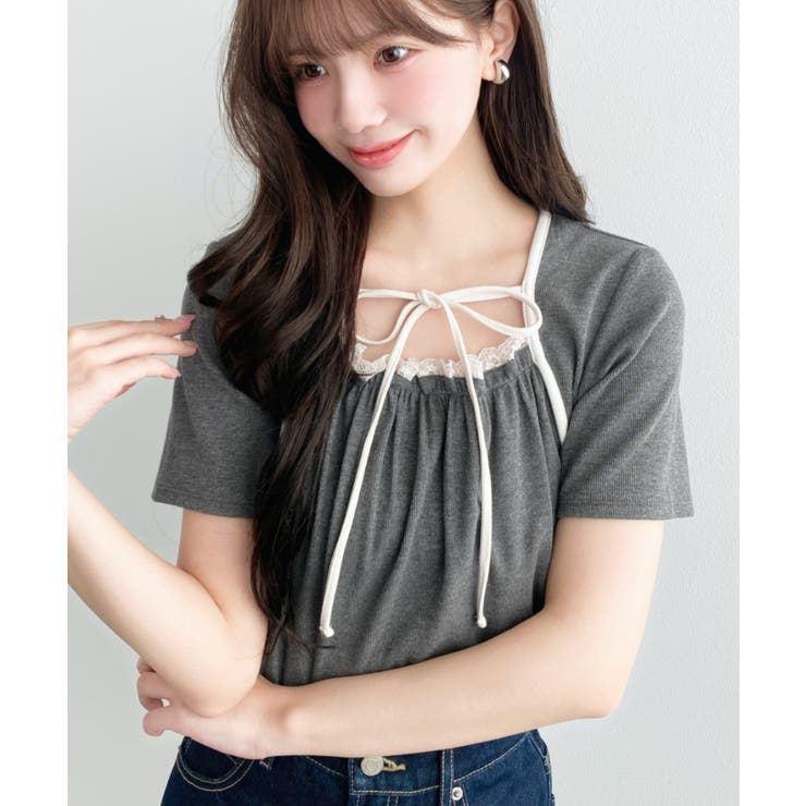 杢グレー | レイヤードデザインデコルテリボンリブカットソー半袖トップス | moment+