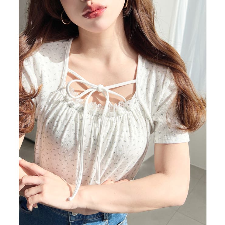 ホワイト系その他 | レイヤードデザインデコルテリボンリブカットソー半袖トップス | moment+