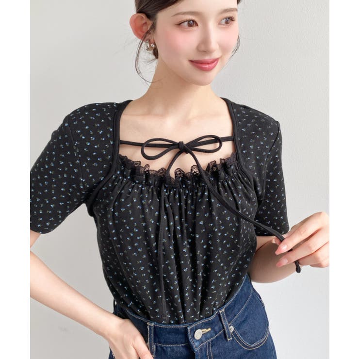 ブラック系その他 | レイヤードデザインデコルテリボンリブカットソー半袖トップス | moment+