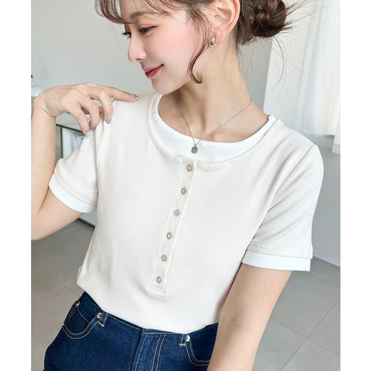 リブカットソーレイヤード風ヘンリー半袖Tシャツ | moment+ | 詳細画像2 