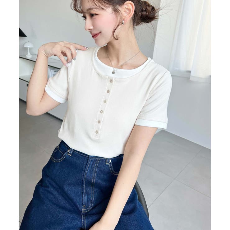 リブカットソーレイヤード風ヘンリー半袖Tシャツ | moment+ | 詳細画像5 