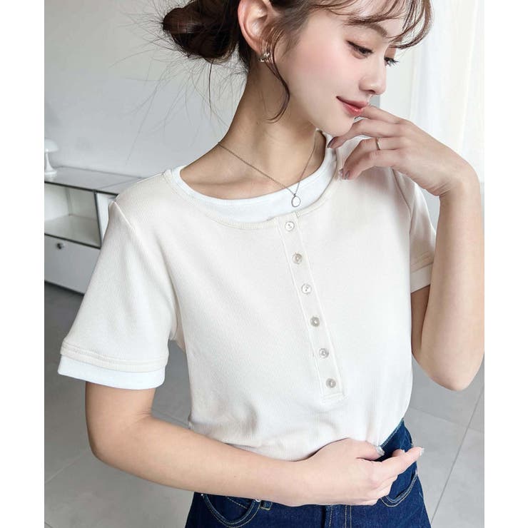 アイボリー | リブカットソーレイヤード風ヘンリー半袖Tシャツ | moment+