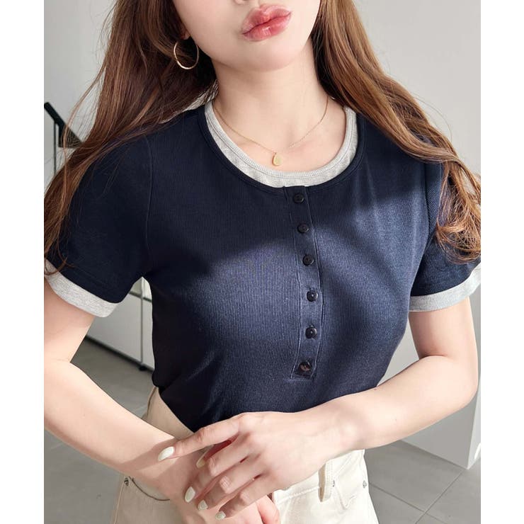 ネイビー | リブカットソーレイヤード風ヘンリー半袖Tシャツ | moment+