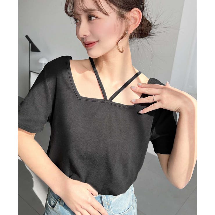 ブラック | スクエアホルターネック半袖プルオーバー テレコリブ | moment+