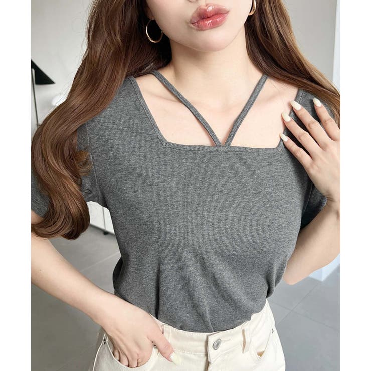 チャコールグレー | スクエアホルターネック半袖プルオーバー テレコリブ | moment+