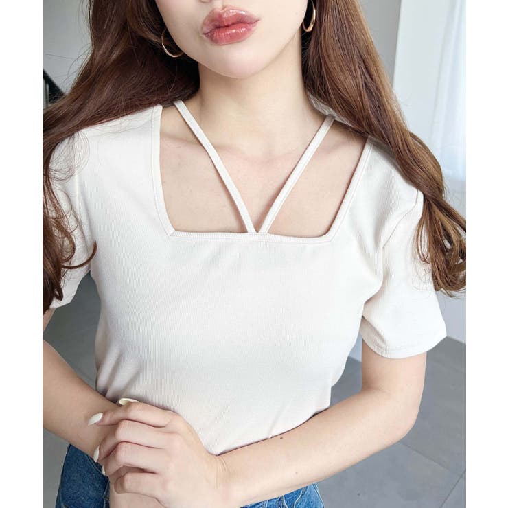 アイボリー | スクエアホルターネック半袖プルオーバー テレコリブ | moment+