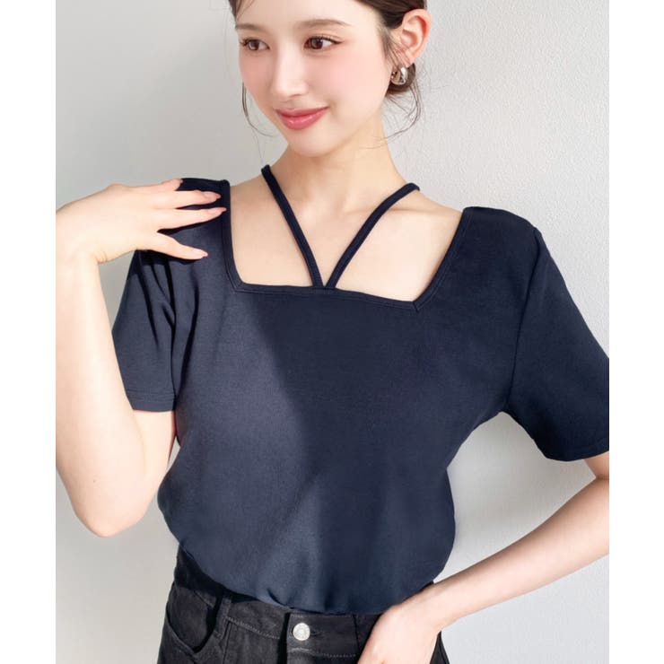 ネイビー | スクエアホルターネック半袖プルオーバー テレコリブ | moment+