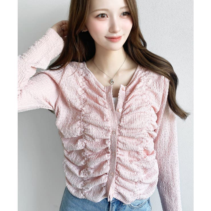 ピンク | シャーリング長袖カーディガン | moment+