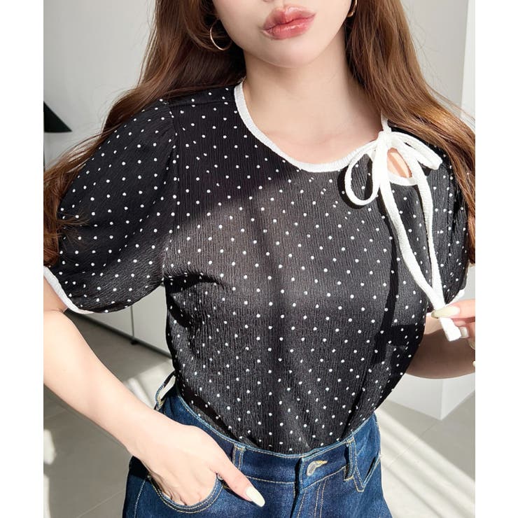 ブラック系その他 | 無地＆ドットプリント配色パイピングプルオーバー | moment+