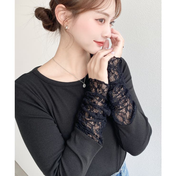 ＼レイヤードにも◎／袖くしゅくしゅレースドッキングリブカットソープルオーバー | moment+ | 詳細画像14 
