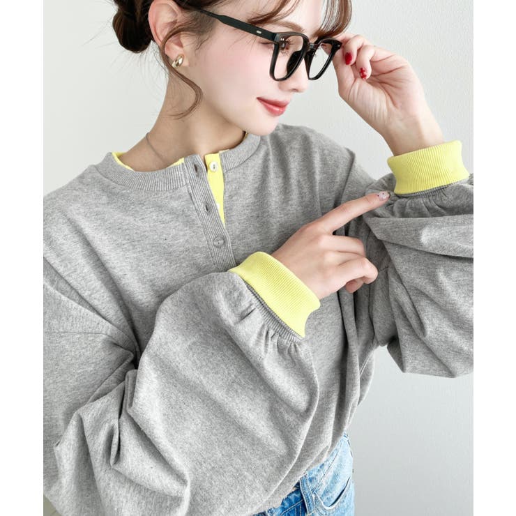 杢グレー | ヘンリーネックバイカラー配色リブロンT | moment+