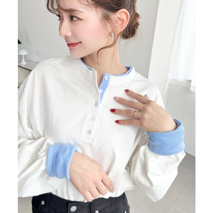 オフホワイト | ヘンリーネックバイカラー配色リブロンT | moment+