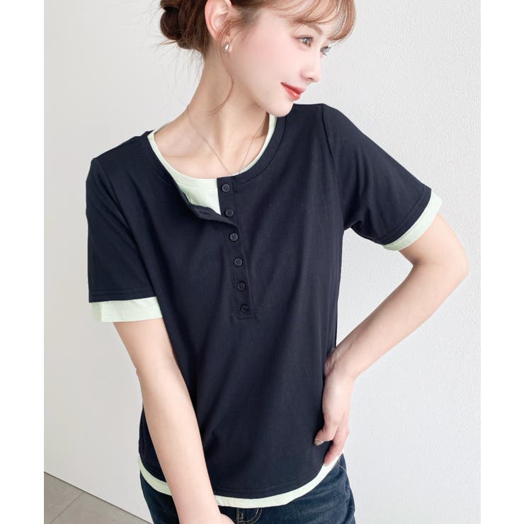 ネイビー | ヘンリーネックレイヤード半袖Tシャツ | moment+