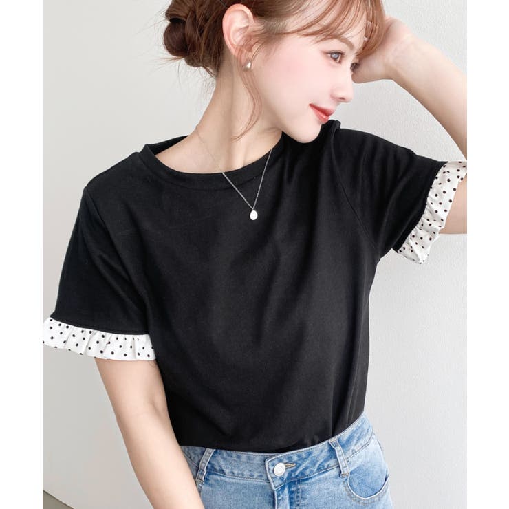 配色ドット袖口フリル半袖Tシャツ | moment+ | 詳細画像7 