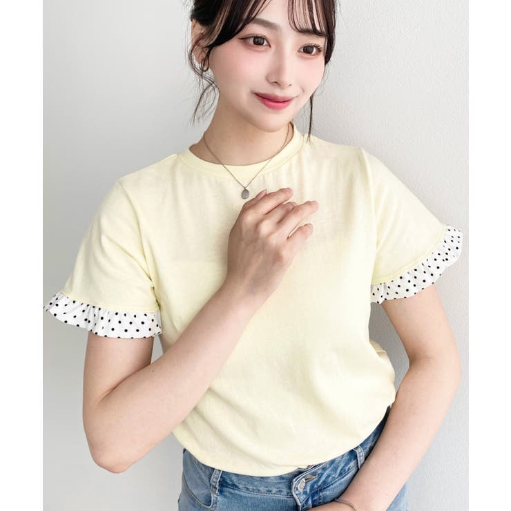 イエロー | 配色ドット袖口フリル半袖Tシャツ | moment+