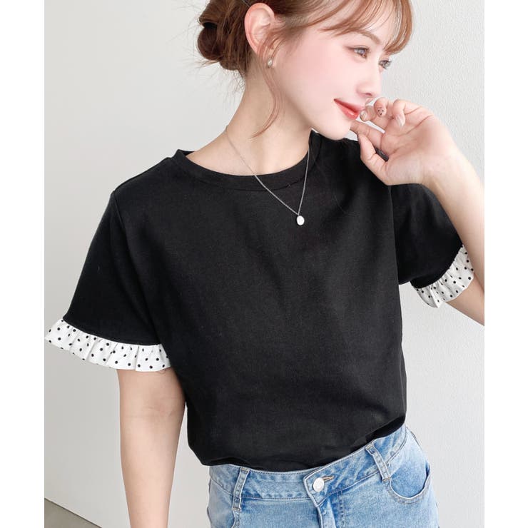 ブラック | 配色ドット袖口フリル半袖Tシャツ | moment+
