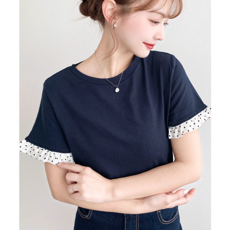 ネイビー | 配色ドット袖口フリル半袖Tシャツ | moment+
