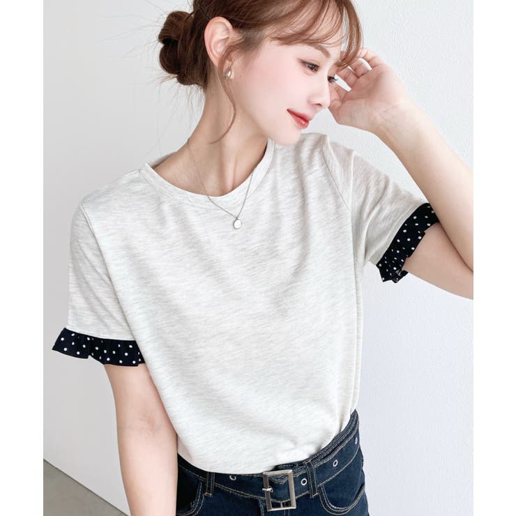 オートミール | 配色ドット袖口フリル半袖Tシャツ | moment+