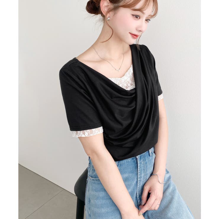 レースドッキングドレープ半袖Tシャツ | moment+ | 詳細画像23 