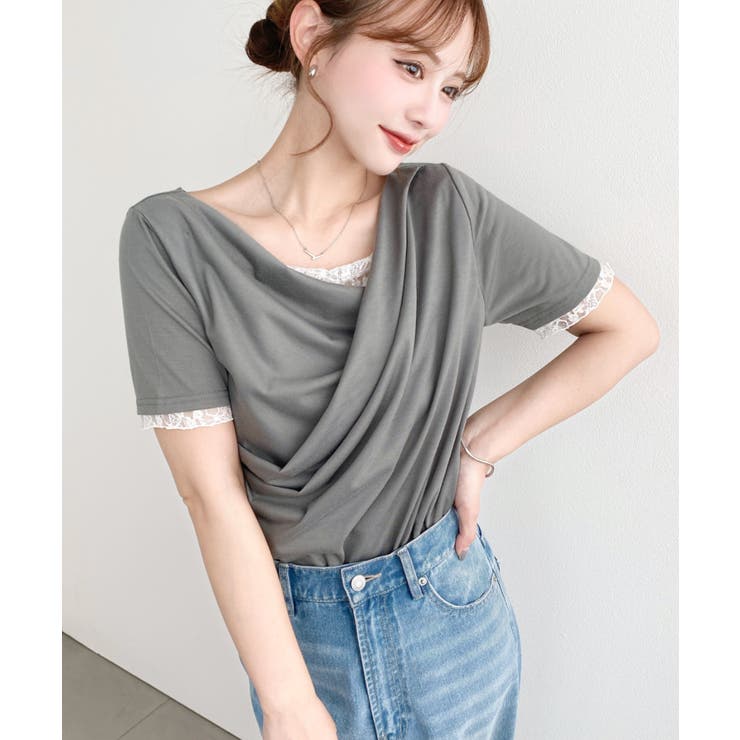 レースドッキングドレープ半袖Tシャツ | moment+ | 詳細画像27 