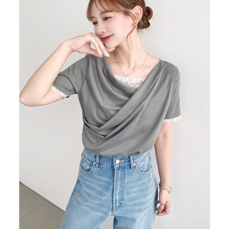 レースドッキングドレープ半袖Tシャツ | moment+ | 詳細画像28 