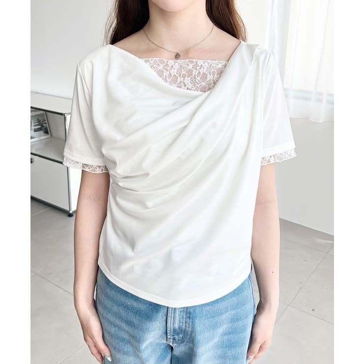 レースドッキングドレープ半袖Tシャツ | moment+ | 詳細画像6 