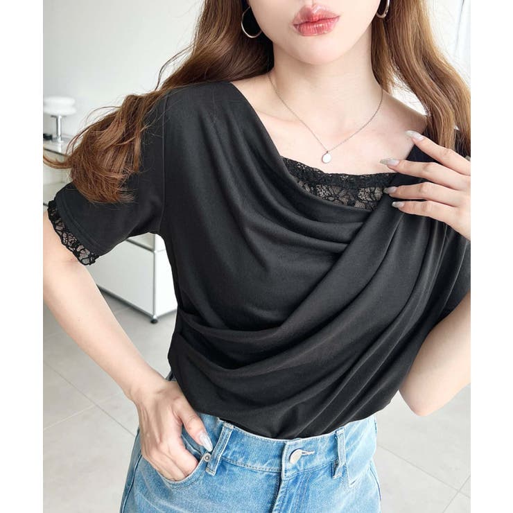 ブラック | レースドッキングドレープ半袖Tシャツ | moment+